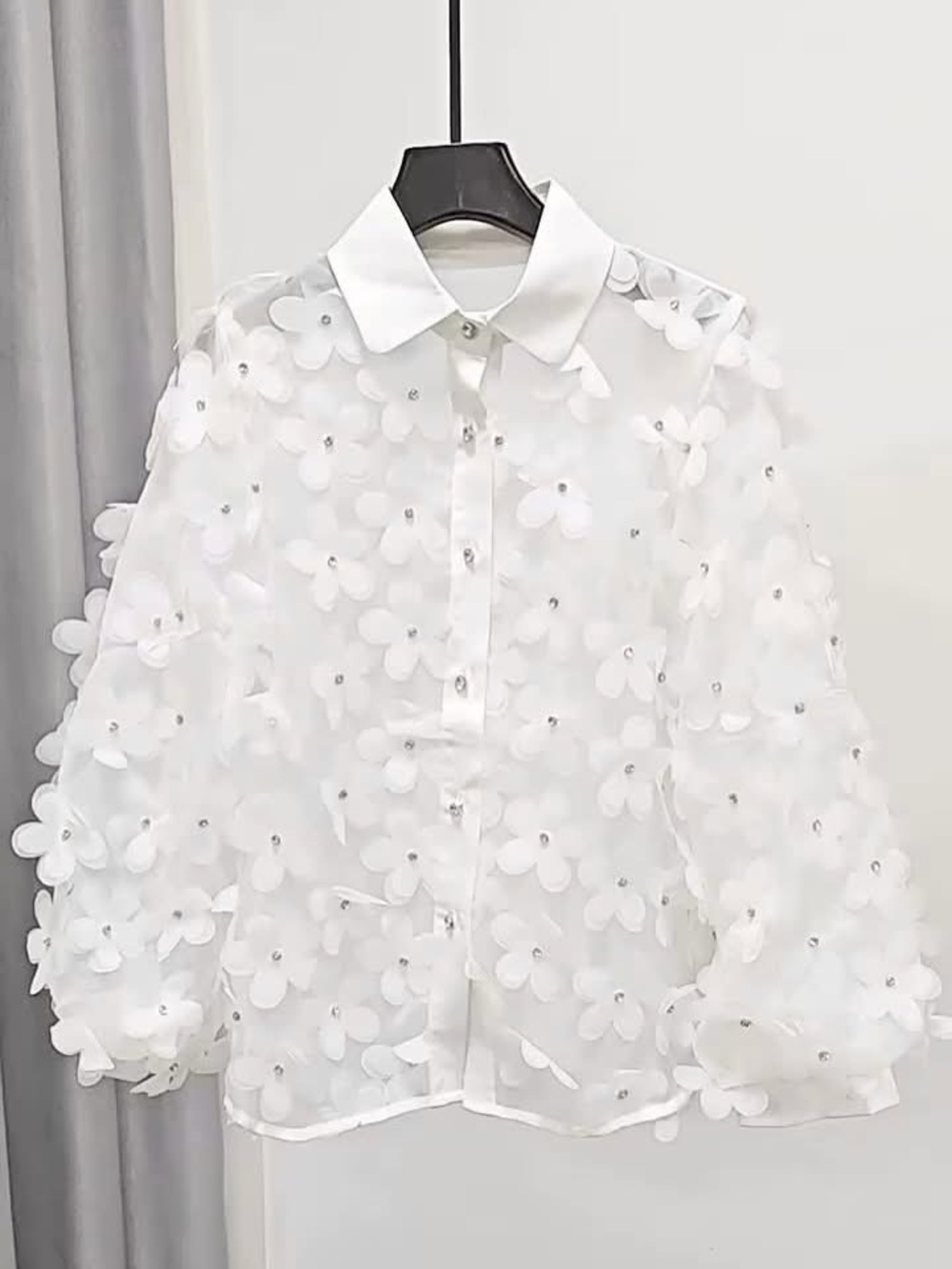 White Floral Appliqué Button-Down Shirt